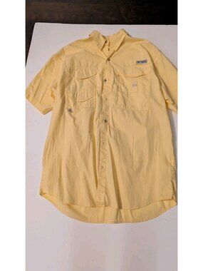 Men's M Columbia PFG Shirt Vented Short Sleeve Button Down Fishing Yellow Cotton